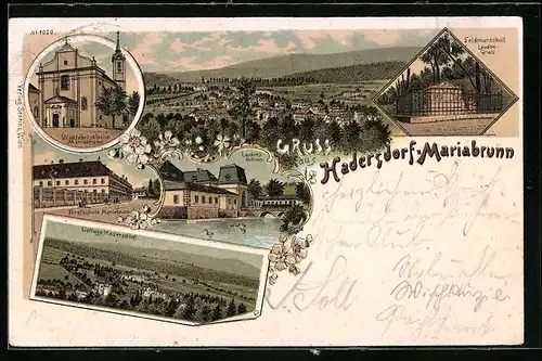 Lithographie Hadersdorf-Mariabrunn, Forstschule, Laudons Schloss, Wallfahrtskirche, Grab des Feldmarschalls Laudon