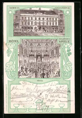 Lithographie Wien, Hotel zum goldenen Kreuz in der Mariahilferstrasse 99