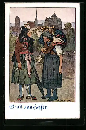 Künstler-AK Otto Ubbelohde: Junge und ältere Frau mit Kiepe in hessischer Tracht