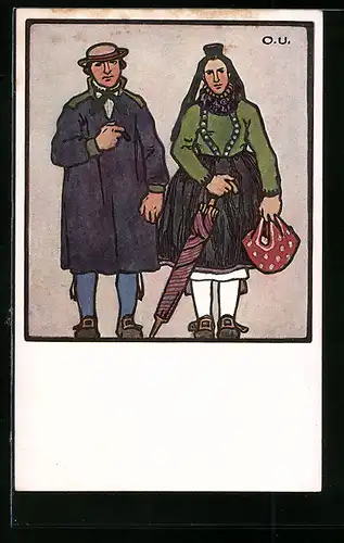 Künstler-AK Otto Ubbelohde: Bürgerliches Paar in hessischer Tracht