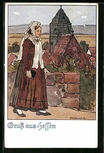 Künstler-AK Otto Ubbelohde: Kirchgängerin mit Bibel in hessischer Tracht