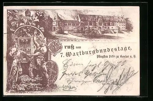 Lithographie Goslar a. H., 7. Wartburgbundestage 1898, Kaiserpfalz, Festpostkarte