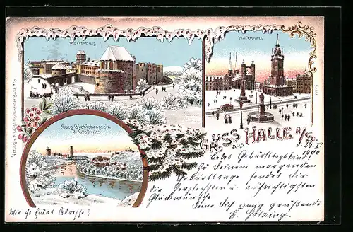 Goldfenster-Winter-Lithographie Halle a. S., Marktplatz, Moritzburg, Burg Giebichenstein und Cröllwitz