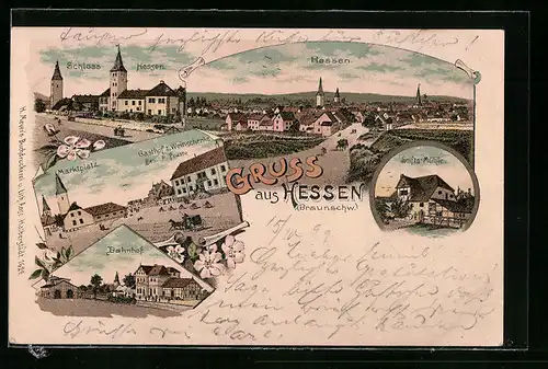 Lithographie Hessen /Braunschw., Marktplatz mit Gasthof zur Weinschenke, Bahnhof