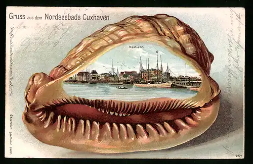 Passepartout-Lithographie Cuxhaven, Hafenpartie, Westseite