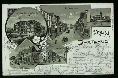 Mondschein-Lithographie Buxtehude, Breitestrasse, Kirche, Langestrasse