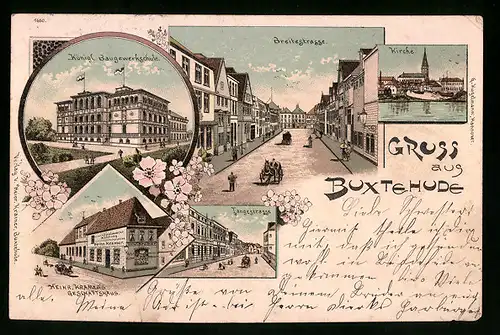 Lithographie Buxtehude, Breitestrasse, Kirche, Langestrasse