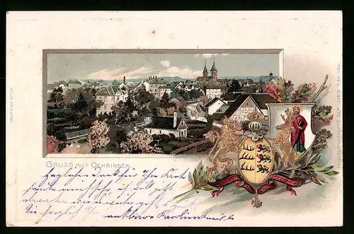 Passepartout-Lithographie Oehringen, Ortsansicht mit Wappen