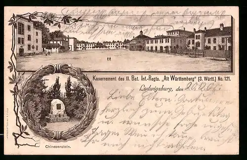 Lithographie Ludwigsburg, Kasernement des II. Bat. Inf.-Regt. Alt Württemberg, No. 121
