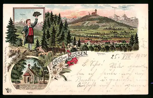 Lithographie Möhringen, Zugspitze, Bussen, Kapelle