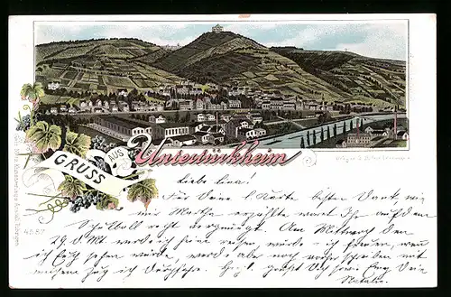 Lithographie Untertürkheim, Totalansicht aus der Vogelschau