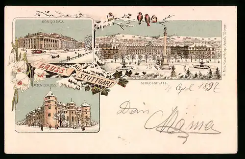 Winter-Lithographie Stuttgart, Schlossplatz, Altes Schloss, Königsbau im Schnee