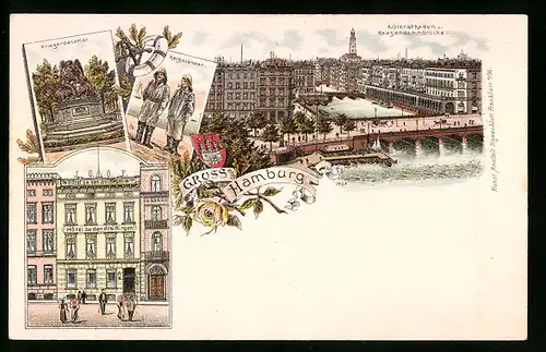 Lithographie Hamburg, Hotel zu den drei Ringen, Alsterarkaden