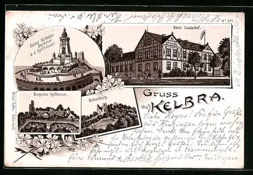 Lithographie Kelbra /Kyffhäuser, Hotel Lindenhof, Kaiser Wilhelm-Denkmal, Burgruine Kyffhäuser, Rothenburg