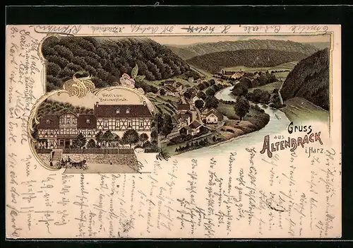 Lithographie Altenbrack /Harz, Hotel zum Braunen Hirsch, Gesamtansicht