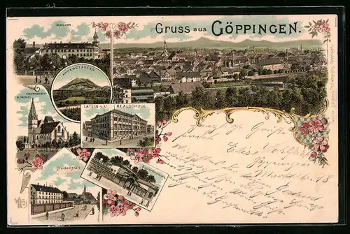 Lithographie Göppingen, Hohenstaufen, Schloss, Gesamtansicht, Latein- und Realschule, Heilanstalt