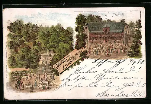 Lithographie Dresden-Loschwitz, Gasthaus Schweizerei, Hauptvilla