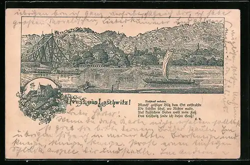 Lithographie Dresden-Loschwitz, Burgberg, Gesamtansicht mit Elbe