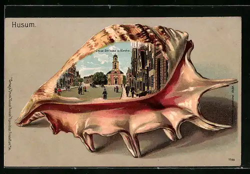 Passepartout-Lithographie Husum, Gross Strasse und Kirche, Muschel