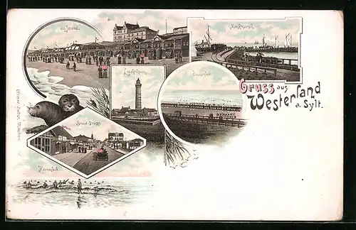 Lithographie Westerland /Sylt, Munkmarsch, Leuchtturm, Herrenbad, Damenbad