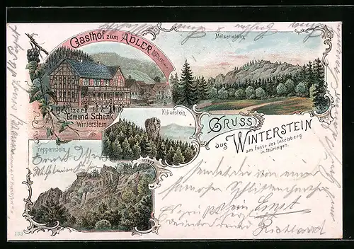 Lithographie Winterstein /Thür., Meisenstein, Gasthof zum Adler, Kilianstein, Treppenstein