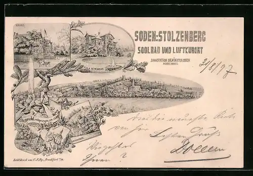 Lithographie Soden /Stolzenberg, Soolbad und Luftkurort, Hotel Villa Vitriarius, Huttenschloss