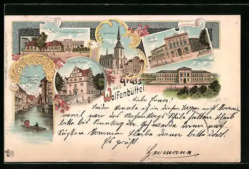 Lithographie Wolfenbüttel, Herzogliche Kaserne, Lehrer-Seminar, Gymnasium