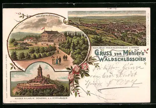 Lithographie Frankenhausen /Kyffh., Gesamtansicht, Gasthaus Waldschlösschen