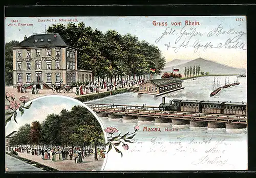 AK Maxau /Baden, Gasthof zurm Rheinbad mit Promenade, Badeanstalt und Eisenbahnbrücke