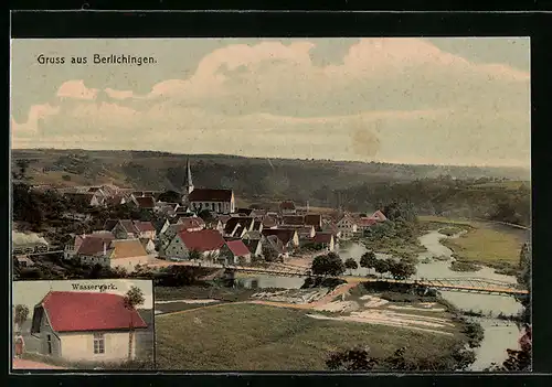 AK Berlichingen, Teilansicht mit Brücke aus der Vogelschau, Gebäude des Wasserwerks