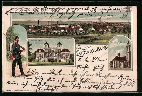 Lithographie Ludwigsburg, Panorama der Stadt, Garnisonskirche, Soldat