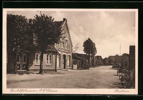 AK Rantrum, Strassenpartie mit Geschäftshaus Petersen