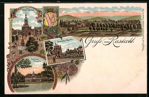 Lithographie Rastatt, Ortsansicht, Einsiedler Kapelle, Schloss Favorite