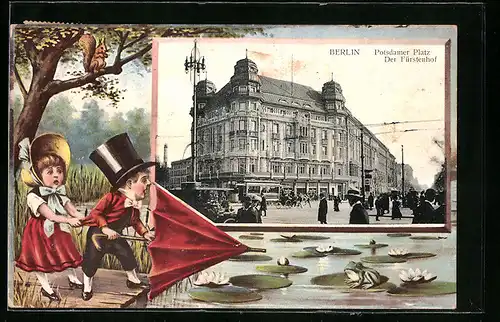 Passepartout-AK Berlin, Fürstenhof am Potsdamer Platz, Kleines Paar und Frosch an einem See