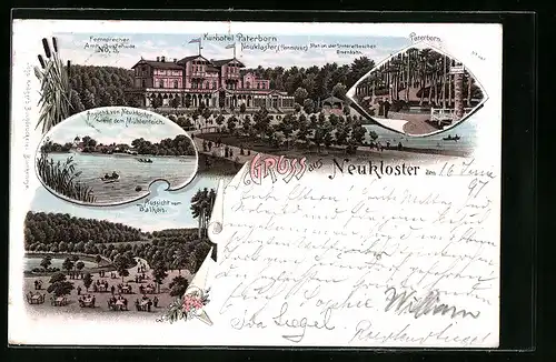 Lithographie Neukloster, Kurhotel Paterborn, Ortsansicht mit Mühlenteich