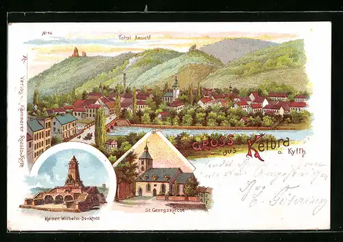 Lithographie Kelbra a. Kyffh., Ortsansicht, Kaiser Wilhelm-Denkmal, St. Georgskirche