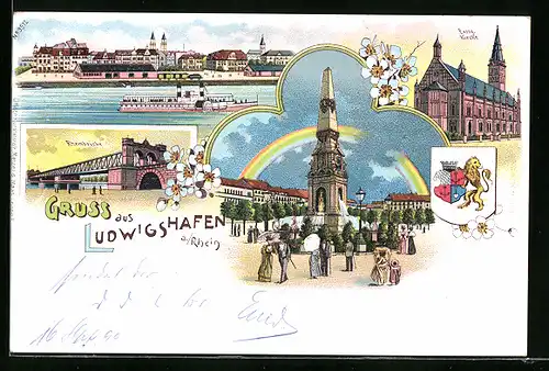 Lithographie Ludwigshafen a. Rhein, Ortsansicht, Evang. Kirche, Rheinbrücke