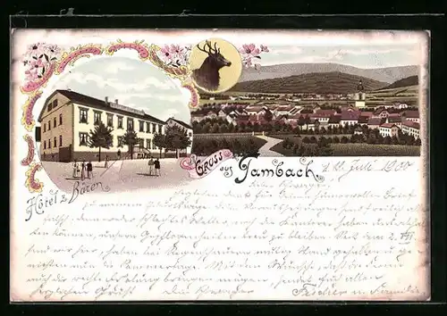 Lithographie Tambach, Ortsansicht aus der Vogelschau und Hotel z. Bären