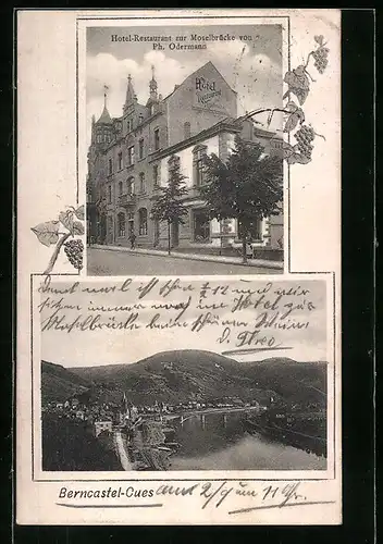 AK Berncastel-Cues, Ortsansicht und Hotel-Restaurant zur Moselbrücke von Ph. Odermann
