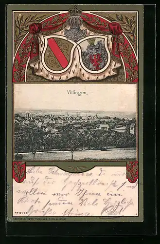 Passepartout-Lithographie Villingen, Ortsansicht aus der Vogelschau mit Wappen