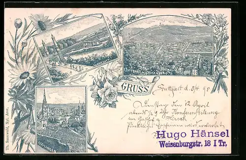 Lithographie Stuttgart, Teilansicht mit Hasenberg, Cannstatt mit Neckarbrücke, Esslingen, Private Stadtpost