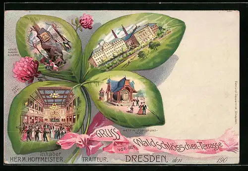 Passepartout-Lithographie Dresden, Gasthof Waldschlösschen-Terrasse, Festsaal u. Wettin-Jubiläums-Fass im Kleeblatt