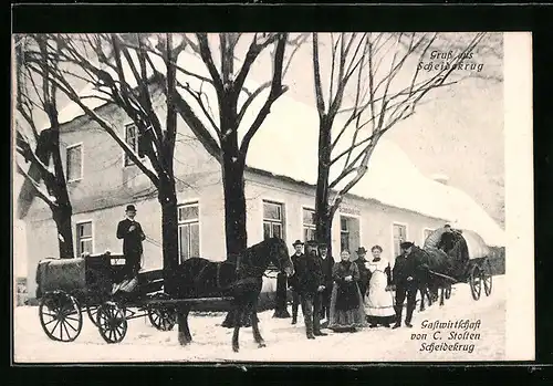 AK Weede, Gasthaus Scheidekrug mit Pferdewagen im Winter