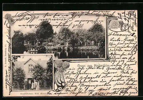 AK Heidmühlen, Geschäftshaus Wilh. Hevert, Witwe Strenges Garten