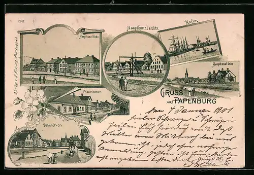 Lithographie Papenburg, Hauptkanal, Hafen, Bahnhofstrasse