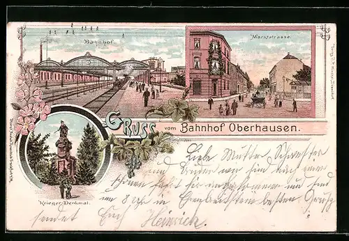 Lithographie Oberhausen /Rheinland, Marktstrasse, Bahnhof, Kriegerdenkmal
