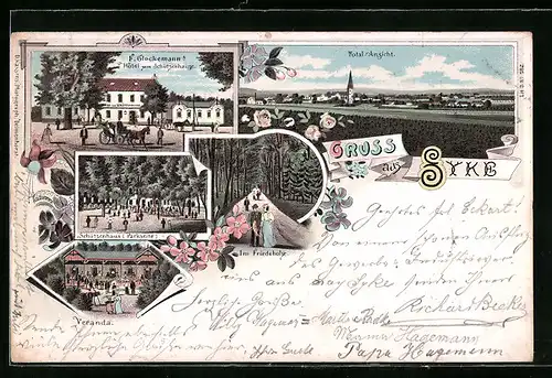 Lithographie Syke, FF. Glockemann`s Hotel zum Schützenhaus, Totalansicht, Im Friedeholze