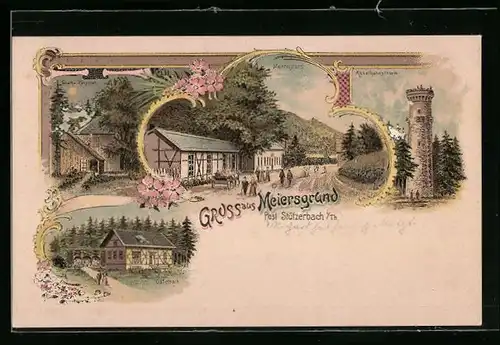 Lithographie Stützerbach, Meiersgrund, Goethe-Häuschen, Kickelhahnsthurm, Gasthaus Gabelbach