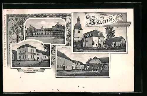 AK Bollstedt, Gasthof zum Deutschen Kaiser, Kirche, Kantorat, Schule, Hauptstrasse