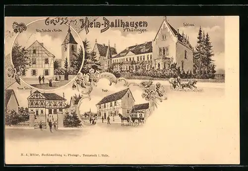 Künstler-AK Klein-Ballhausen, Schloss, Alte Schule und Kirche, Post